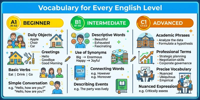 English Vocabulary Development: A Practical Guide For Learners Educational infographic comparing beginner, intermediate, and advanced English vocabulary learning levels.