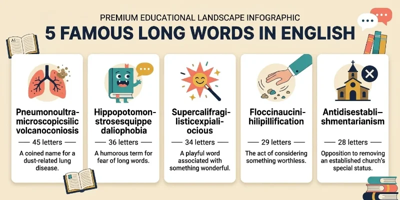 Educational infographic listing five famous long English words with their letter counts and brief meanings, including pneumonoultramicroscopicsilicovolcanoconiosis and supercalifragilisticexpialidocious.