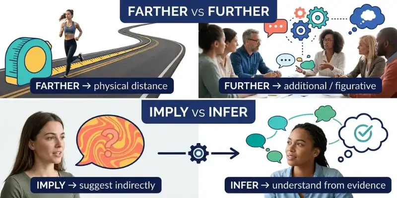 farther further imply infer differences