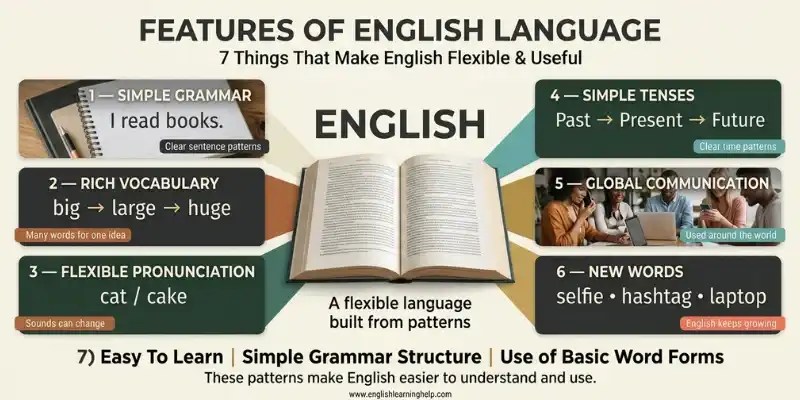 Features Of The English Language Explained: Learn Faster And Smarter Features of English Language infographic showing grammar, vocabulary, pronunciation, tenses, global communication, and new words