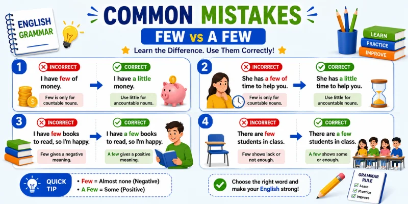 Common grammar mistakes when using Few and A Few with correct examples for English learners.