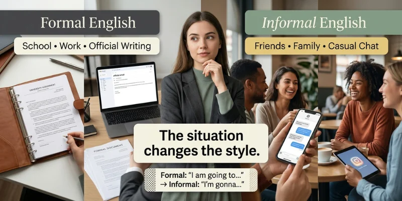 Formal and informal English showing different English styles for work, school, friends, and casual communication