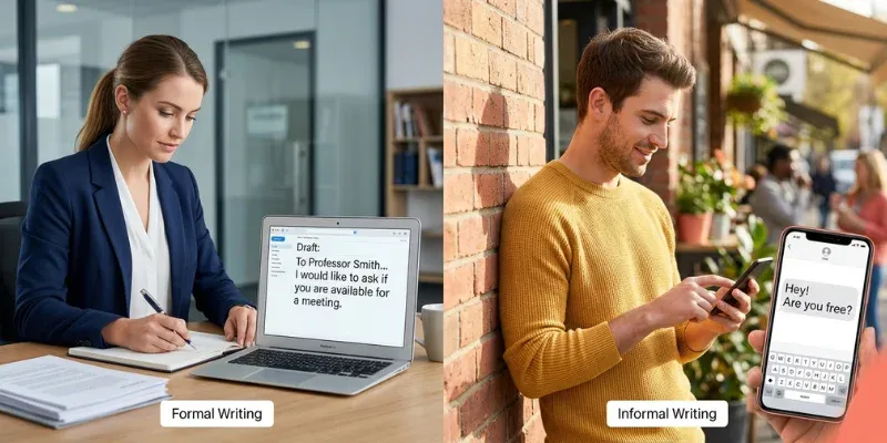 Formal and informal English writing shown through a professional email and casual message