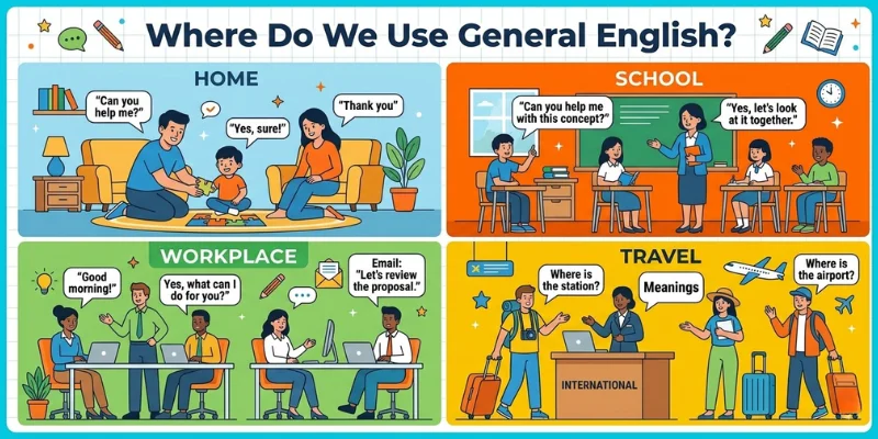 Infographic showing how General English is used at home, school, work, and while traveling.