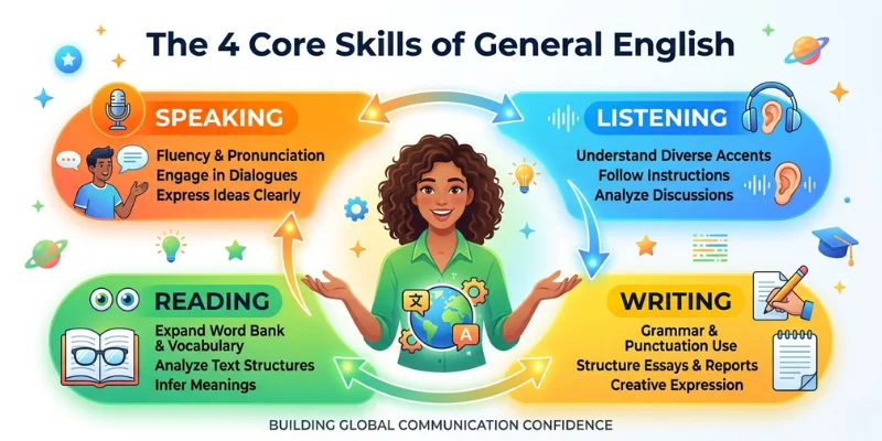 Educational infographic showing the four main General English skills: speaking, listening, reading, and writing.