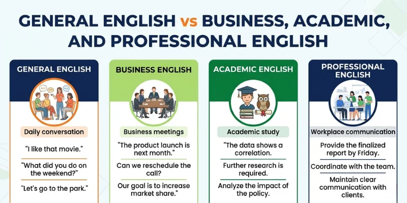 Comparison infographic showing the differences between General English, Business English, Academic English, and Professional English.