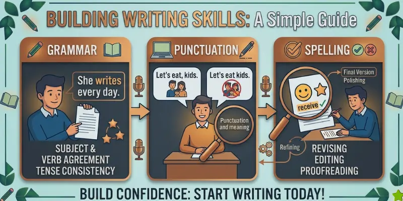 A clean and simple educational infographic showing a simple guide of three sections: Grammar, Punctuation, and Spelling.