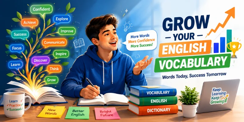 English Vocabulary Development: A Practical Guide For Learners Motivational illustration showing an English learner building strong vocabulary skills through reading, speaking, and writing practice.