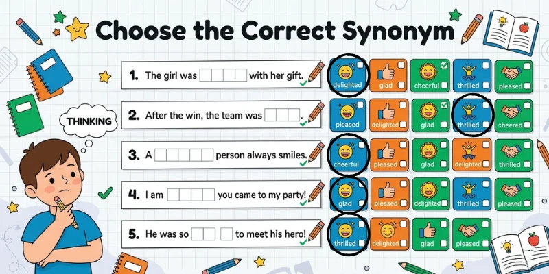 English vocabulary quiz helping learners practice synonyms of happy with example sentences.