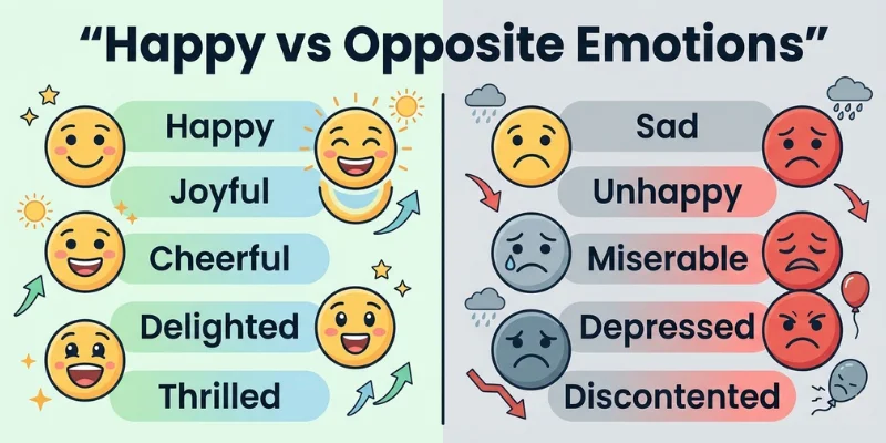 Comparison infographic showing happy synonyms and opposite emotions in English vocabulary.
