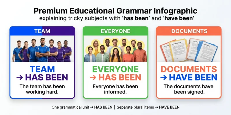 Has Been vs Have Been with tricky subjects such as team, everyone, and documents