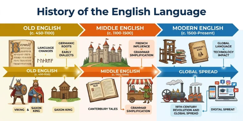 The English Language Explained: Types, History, And Global Power Timeline showing the evolution of English from Old English to Modern English.