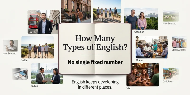 How many types of English are there showing major regional varieties and smaller local dialects