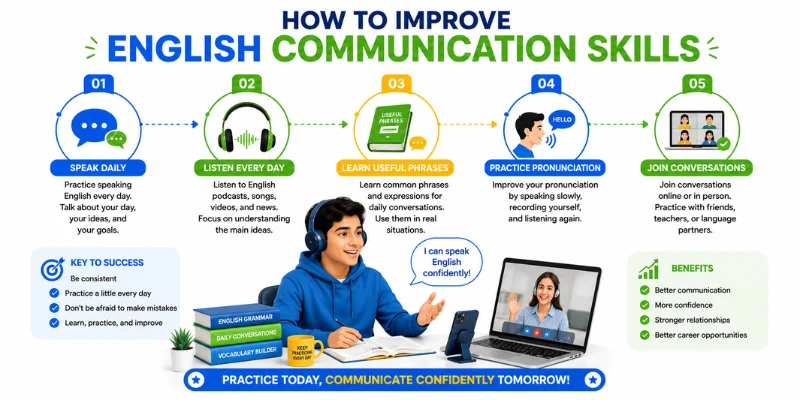 Infographic showing five steps to improve English communication skills through speaking, listening, pronunciation, useful phrases, and conversations.