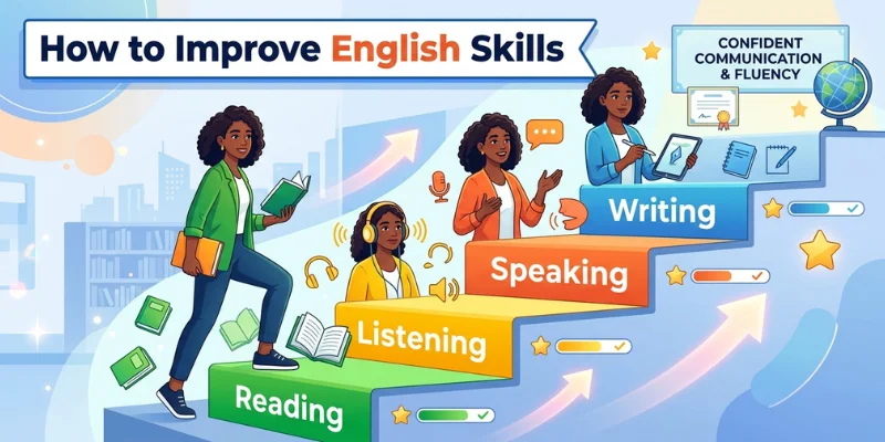 The English Language Explained: Types, History, And Global Power Educational illustration showing the four English skills and step-by-step language improvement.