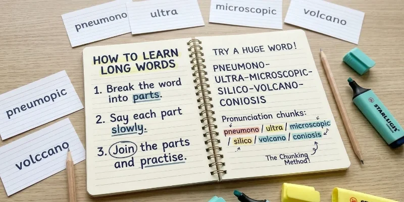 English-learning study image showing a long English word divided into smaller chunks, with simple steps for practising pronunciation and spelling.