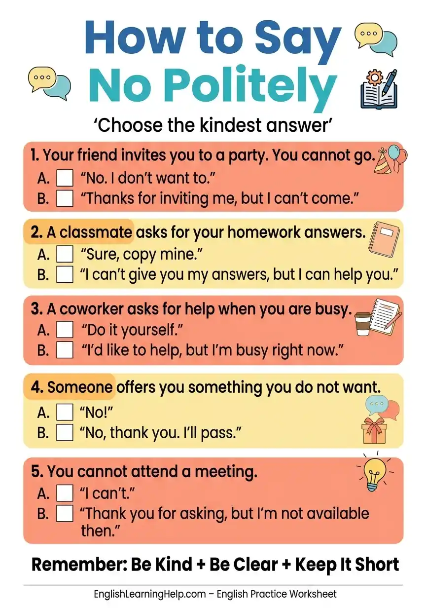 How to say no politely English practice worksheet.