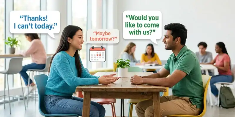Student saying no politely to a friend in English.