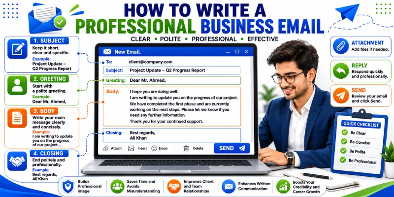 Professional business email format showing subject line, greeting, email body, closing, attachments, and send button.
