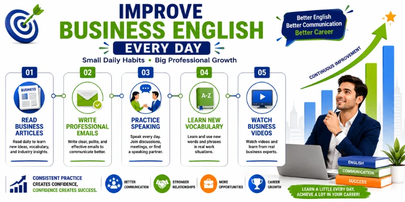 Daily Business English learning habits including reading business articles, writing emails, speaking practice, vocabulary building, and business videos.
