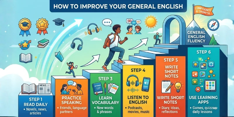 Educational infographic showing practical daily steps to improve General English skills.