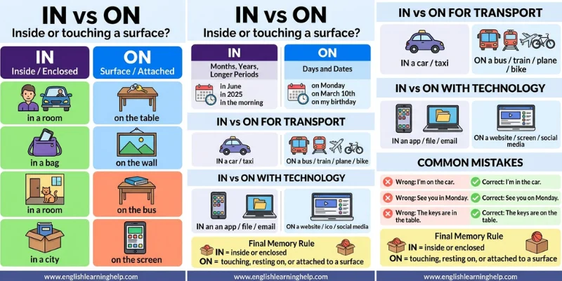 Complete In vs On infographic explaining place, time, transport, technology, and common grammar mistakes.