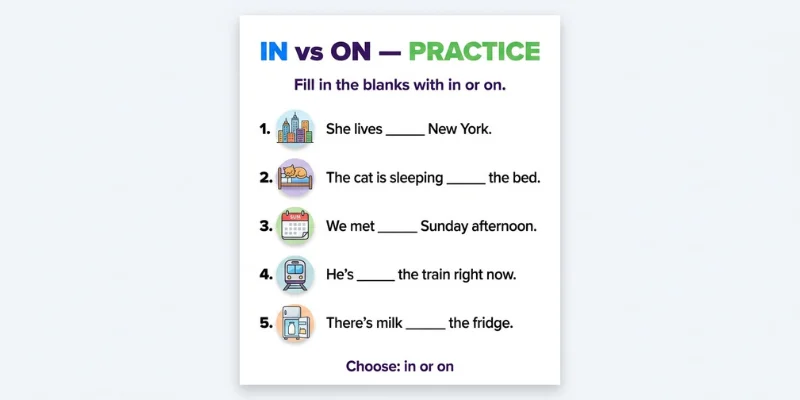 In vs On English grammar practice worksheet with fill-in-the-blank sentences for learners.