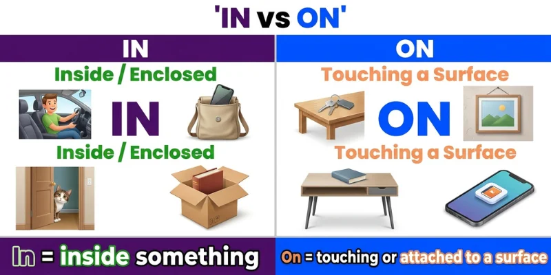 In vs On comparison showing objects inside enclosed spaces and objects resting on surfaces.