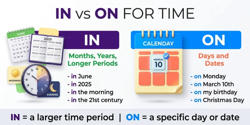 In vs On for time showing in June and in year compared with on Monday and on a specific date.