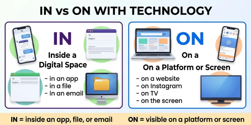 In vs On with technology showing in an app or file and on a website, screen, or social media platform.