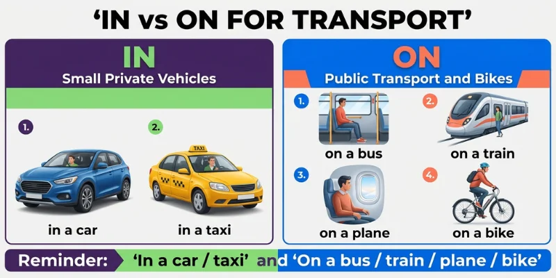 In vs On transport examples showing in a car and taxi compared with on a bus, train, plane, and bike.