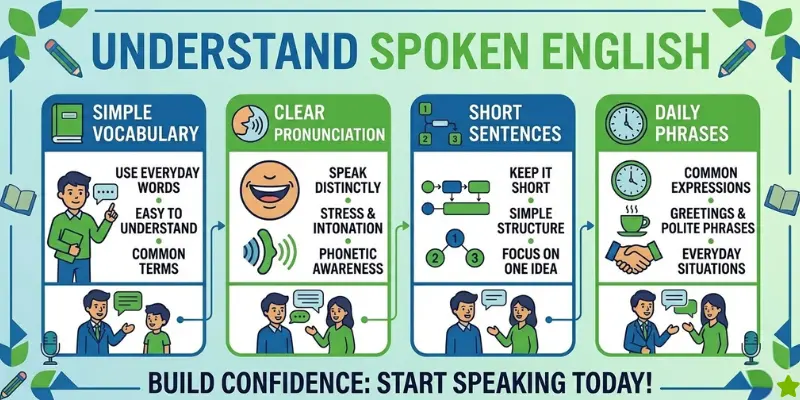 Spoken English: Master Everyday Conversations And Speak Confidently an educational infographic showing key features of spoken English