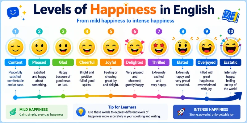 Educational happiness scale showing different levels of positive emotions from content to ecstatic.