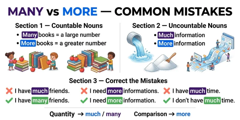 Much Vs More: Simple Grammar Rules With Examples For English Learners Many vs More and Much vs More grammar mistakes with incorrect and correct English sentences