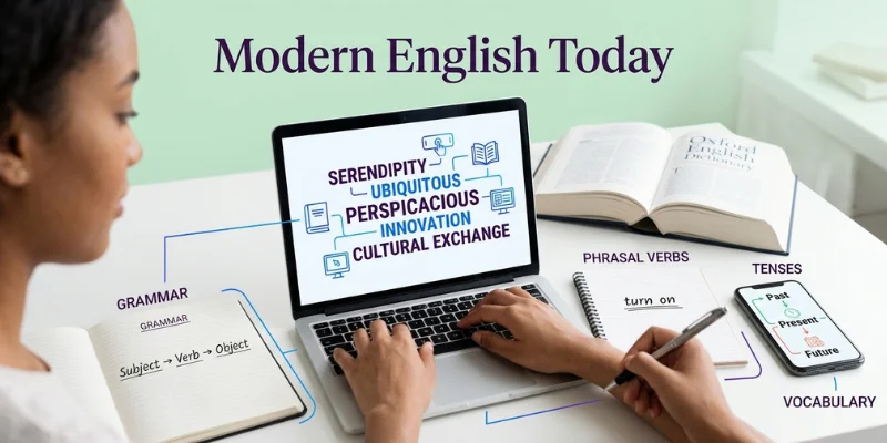 Modern English: A Complete Guide To Its Definition, History, Features, And Evolution With Examples Modern English grammar and vocabulary shown through sentence structure, tenses, phrasal verbs, and digital language