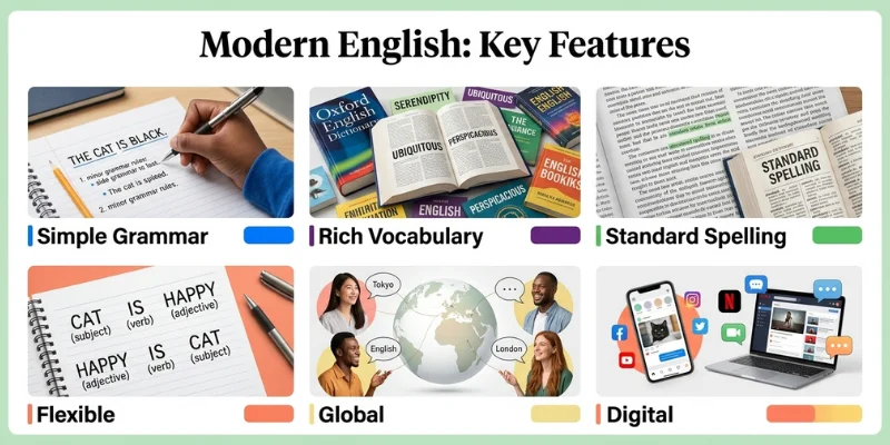 Modern English: A Complete Guide To Its Definition, History, Features, And Evolution With Examples Key features of Modern English including grammar, vocabulary, spelling, and global use