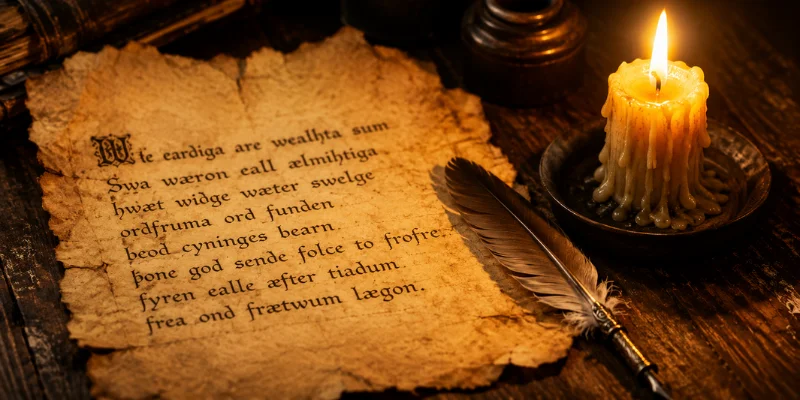 History Of The English Language: The Story Behind The Words You Use Every Day An old parchment paper with Old English handwritten
text and a quill pen under candlelight representing
Old English from 450 to 1100 AD