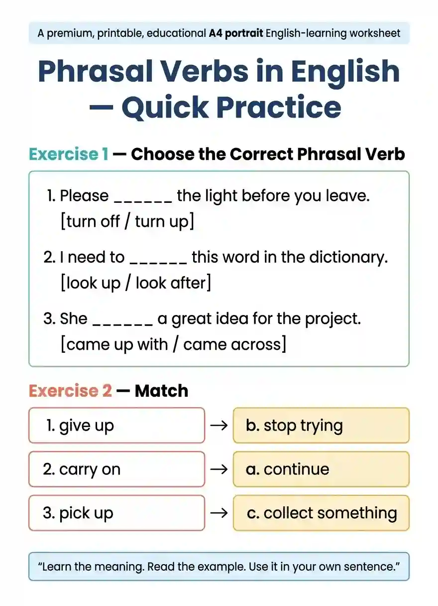 Most Common Phrasal Verbs In English: 100 Common Examples And Meanings Phrasal verbs in English practice worksheet with exercises