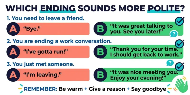 English practice exercise for choosing polite conversation endings