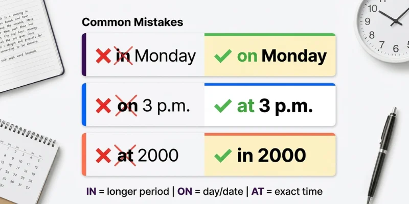 Common Prepositions of Time mistakes with in, on, and at and their corrections