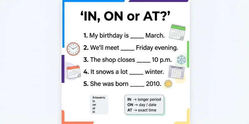 Prepositions of Time practice worksheet using in, on, and at