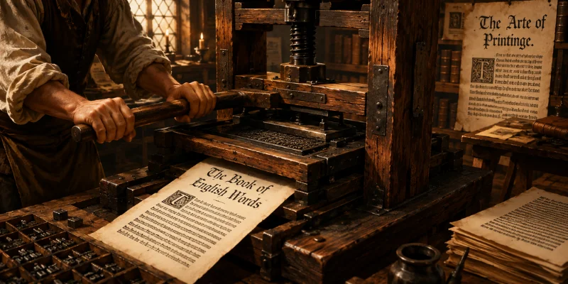 History Of The English Language: The Story Behind The Words You Use Every Day A vintage wooden printing press in a 1500s English
workshop printing the first English books that
standardized spelling and grammar