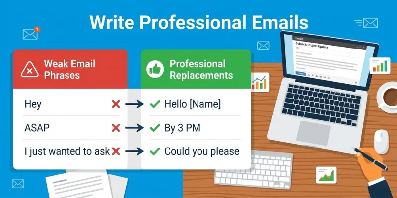 Words To Avoid In Writing: The Complete Guide To Clear, Confident, And Effective English Business email writing infographic showing professional word choices to replace weak and informal email language.