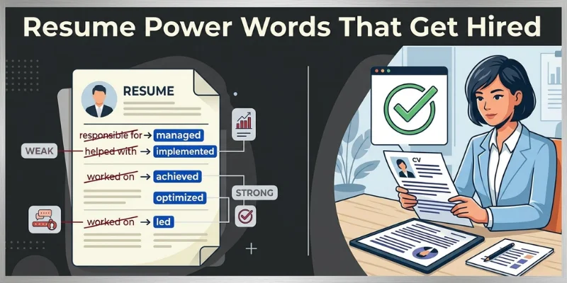 Words To Avoid In Writing: The Complete Guide To Clear, Confident, And Effective English Professional resume writing graphic showing powerful action verbs to replace weak words in CV and job applications.