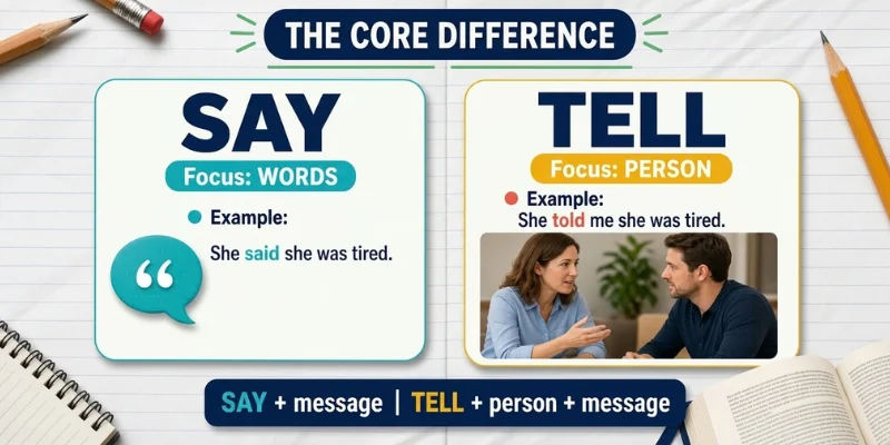Say vs Tell difference showing say for words and tell for a person
