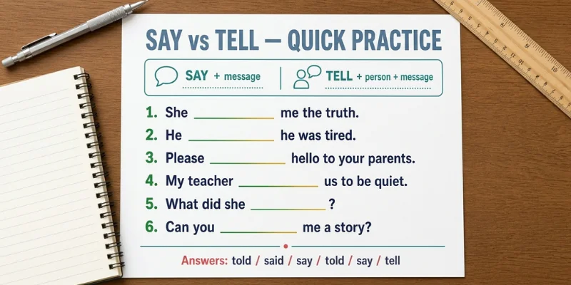 Say vs Tell exercises worksheet with answers for English learners