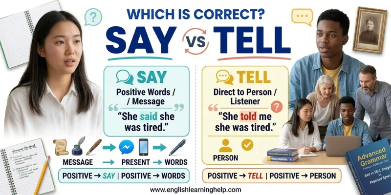 Say vs Tell grammar infographic showing words versus person and common expressions