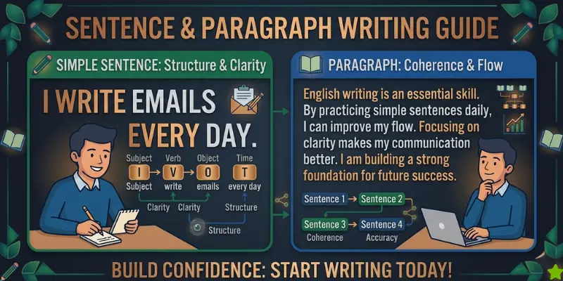 an educational visual showing sentence and paragraph writing in a a simple way,