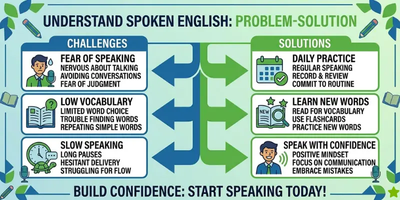 Spoken English: Master Everyday Conversations And Speak Confidently spoken english challenges and solutions. Common Challenges + Tips