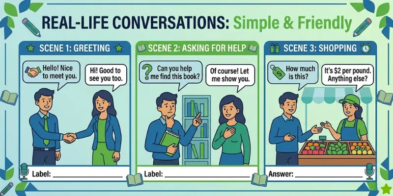 Spoken English: Master Everyday Conversations And Speak Confidently a clean illustration of real-life conversations. Show small scenes like greeting, asking for help, and shopping.